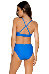 Back view of Sunsets Electric Blue High Road Bottom with matching Kauai Keyhole bikini top showing crossback straps