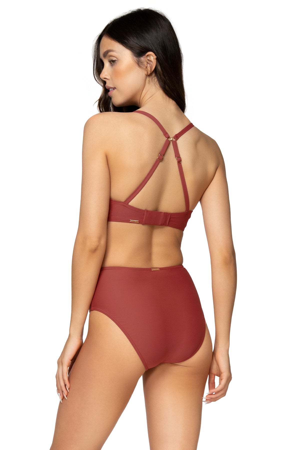 Back view of Sunsets Tuscan Red High Road Bottom with matching Kauai Keyhole bikini top showing crossback straps