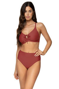 Front view of Sunsets Tuscan Red High Road Bottom with matching Kauai Keyhole bikini top
