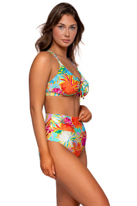 Side view of Sunsets Lotus Hannah High Waist Bottom with matching Kauai Keyhole bikini top