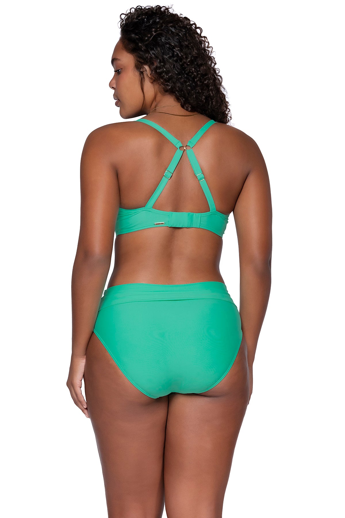 Back view of Sunsets Mint Kauai Keyhole bikini top showing racerback straps with Mint Hannah High Waist bikini bottom, featuring alternate model
