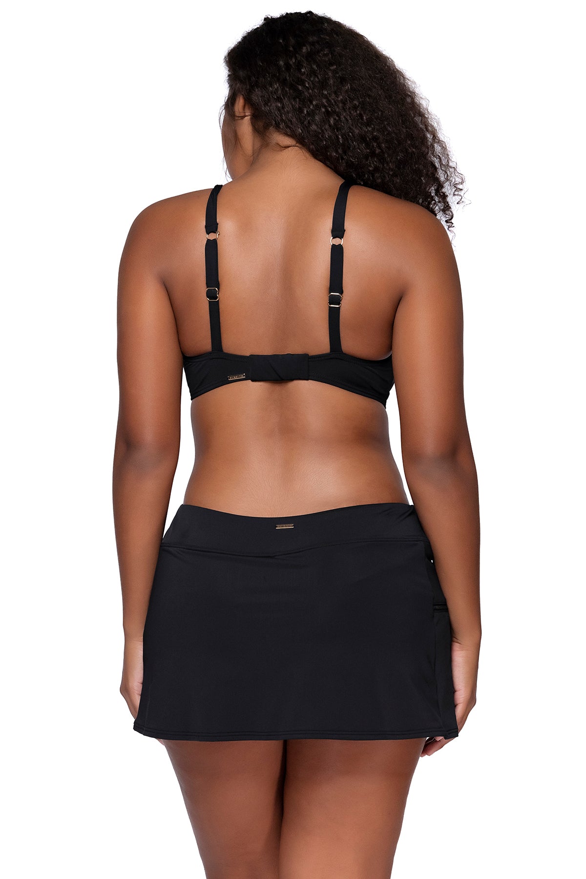 Back view of Sunsets Black Kauai Keyhole Top with Black Sporty Swim Skirt featuring additional model