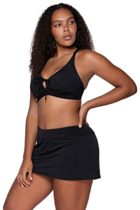 Side view of Sunsets Black Kauai Keyhole Top with Black Sporty Swim Skirt featuring additional model