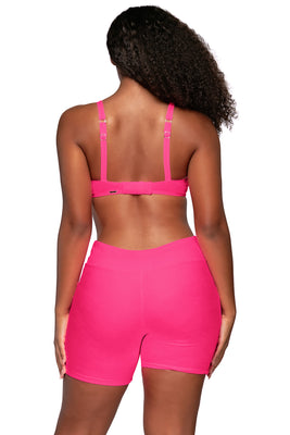 Back view of Sunsets Escape Neon Pink Bayside Bike Short