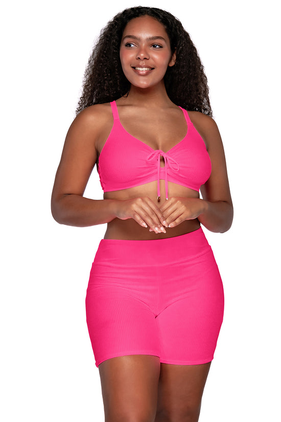 Front view of Sunsets Escape Neon Pink Bayside Bike Short