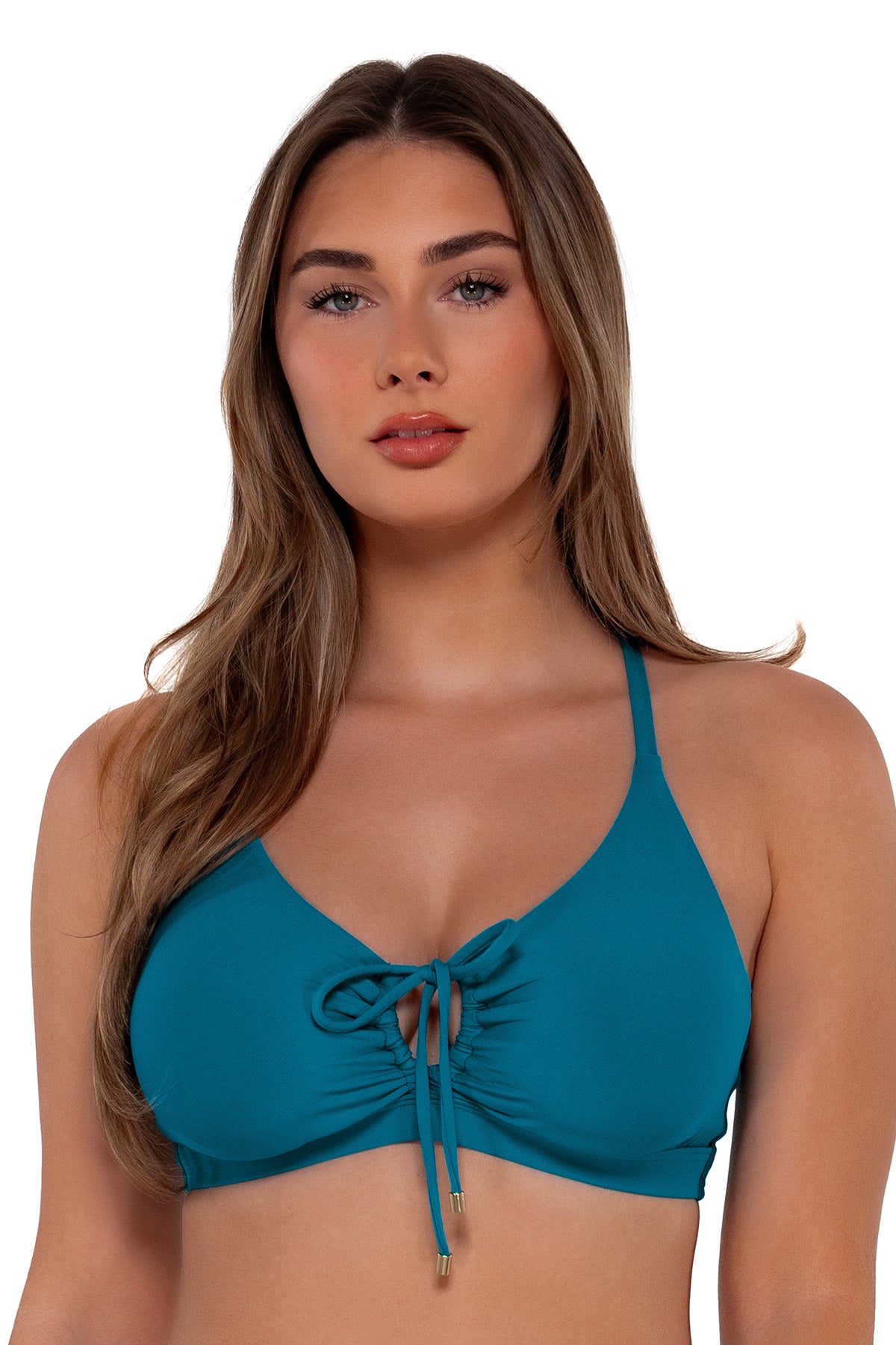 Front pose #1 of Taylor wearing Sunsets Avalon Teal Kauai Keyhole Top