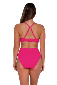 Back pose #1 of Taylor wearing Sunsets Begonia Sandbar Rib Summer Lovin' V-Front Bottom paired with Kauai Keyhole bikini top