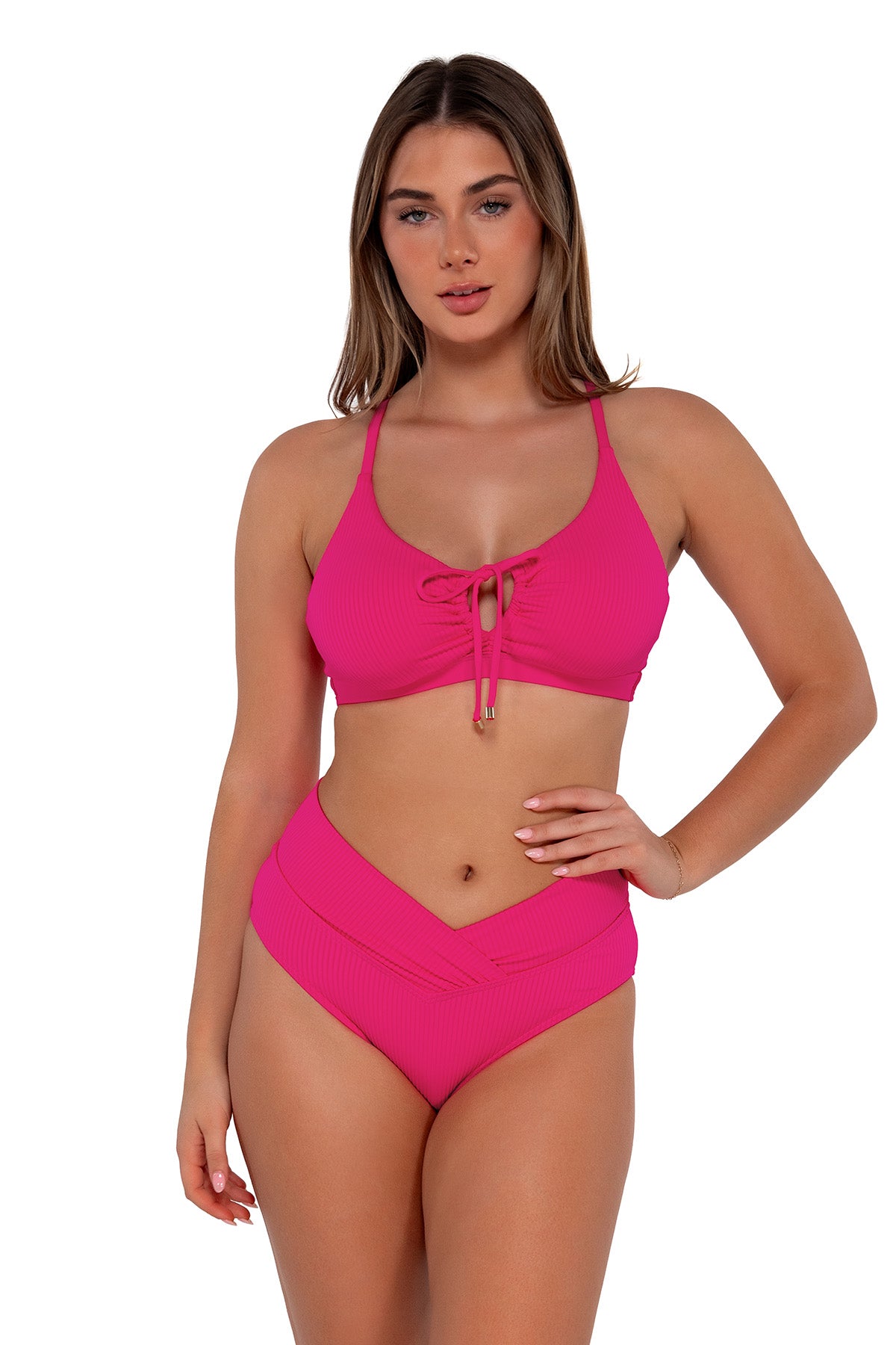 Front pose #1 of Taylor wearing Sunsets Begonia Sandbar Rib Summer Lovin' V-Front Bottom paired with Kauai Keyhole bikini top
