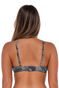 Back pose #1 of Taylor wearing Sunsets Fanfare Seagrass Texture Kauai Keyhole Top