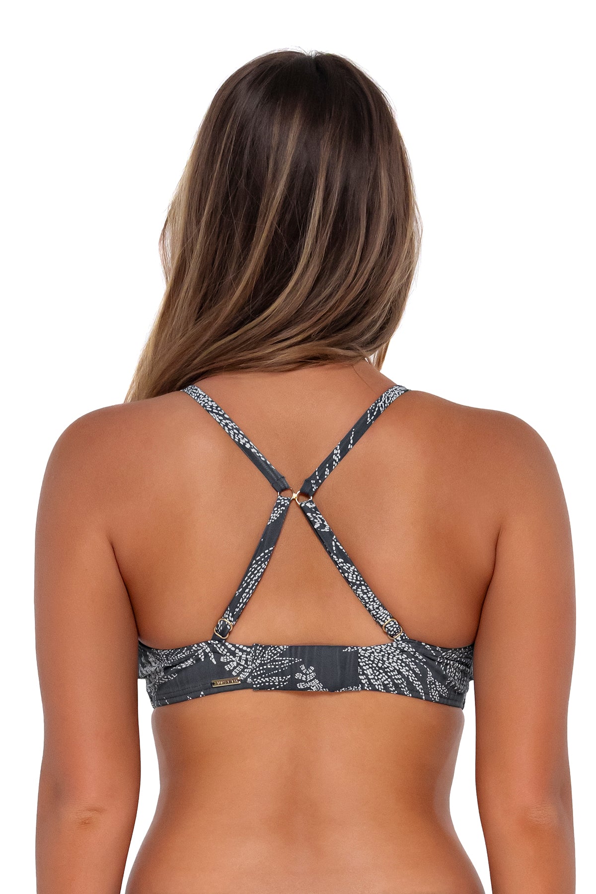 Back pose #1 of Taylor wearing Sunsets Fanfare Seagrass Texture Kauai Keyhole Top showing crossback straps