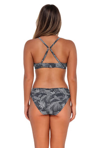 Back pose #1 of Taylor wearing Sunsets Fanfare Seagrass Texture Kauai Keyhole Top showing crossback straps with matching Unforgettable Bottom bikini