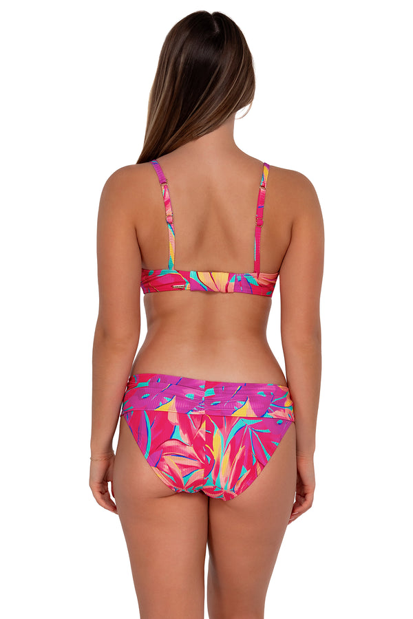 Back pose #1 of Taylor wearing Sunsets Oasis Sandbar Rib Kauai Keyhole Top paired with Unforgettable Bottom swim hipster