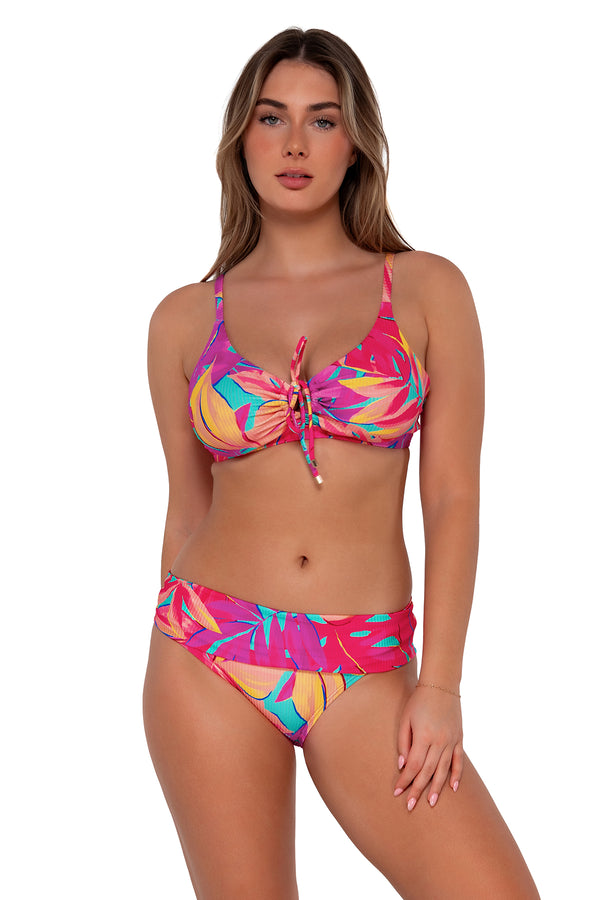 Front pose #1 of Taylor wearing Sunsets Oasis Sandbar Rib Unforgettable Bottom paired with Kauai Keyhole bikini top