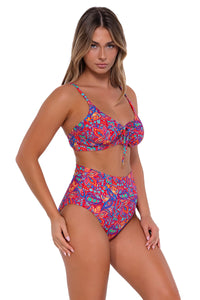 Side pose #2 of Taylor wearing Sunsets Rue Paisley Hannah High Waist Bottom with matching Kauai Keyhole bikini top