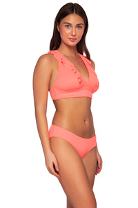 Side view of Sunsets Neon Coral Alana Hipster Bottom with matching Willa Wireless bikini top