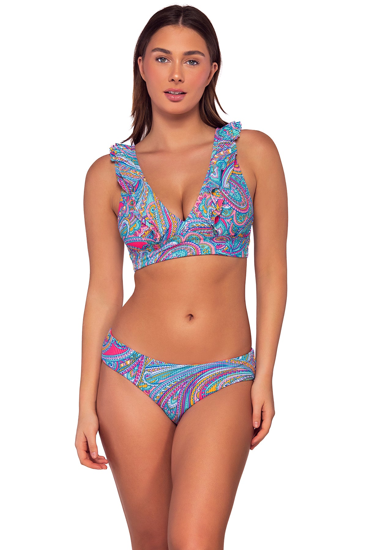 Front view of Sunsets Paisley Pop Willa Wireless Top with matching Alana Reversible Hipster bikini bottom