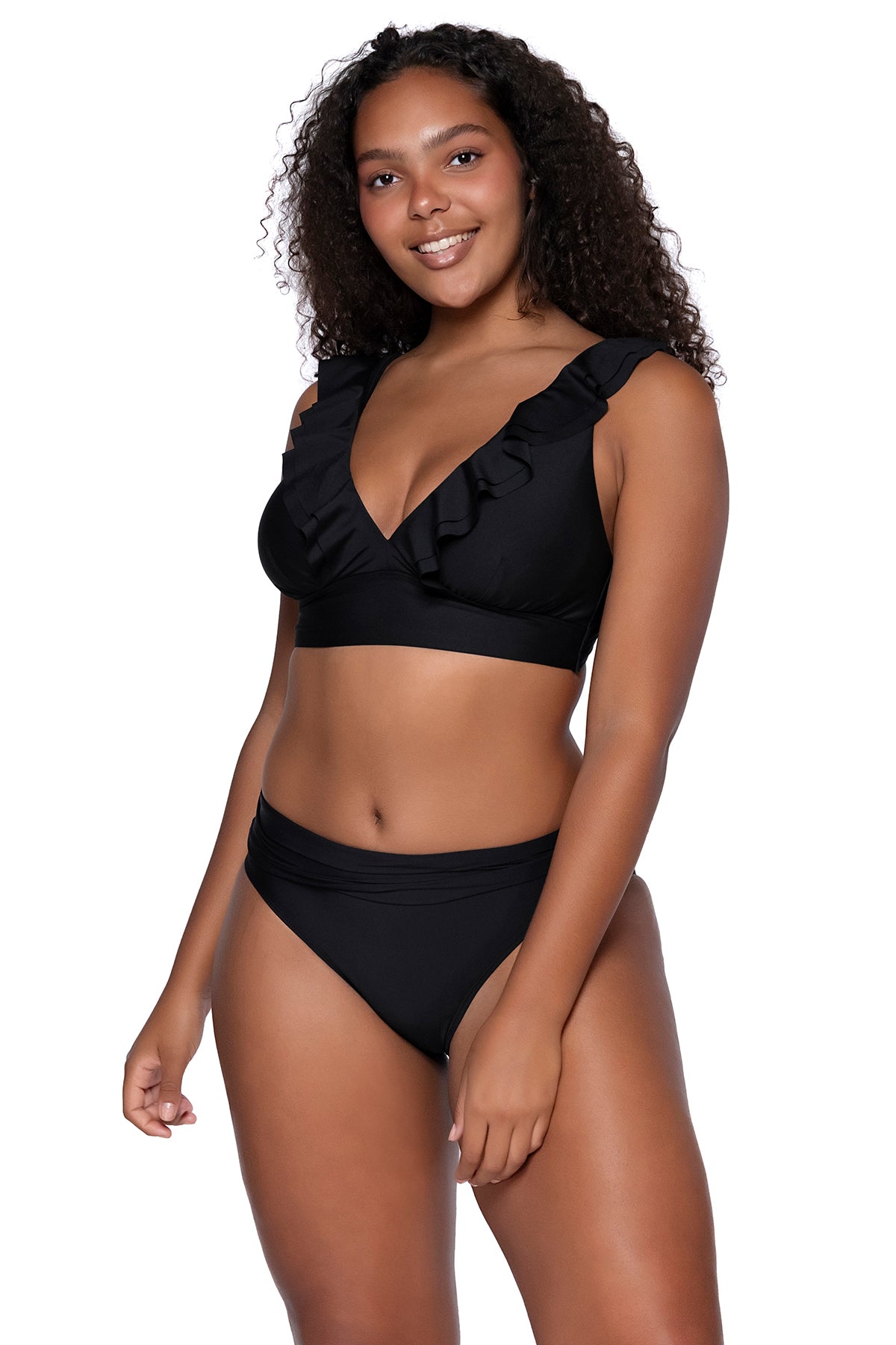 Front view of Sunsets Black Willa Wireless bikini top with Black Hannah High Waist bikini bottom showing scrunched waist