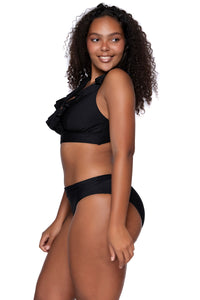 Side view of Sunsets Black Willa Wireless bikini top with Black Hannah High Waist bikini bottom showing scrunched waist