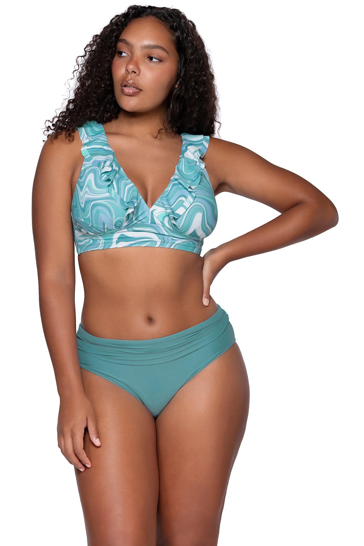Front view of Sunsets Moon Tide Willa Wireless Top with matching Hannah High Waist bikini bottom showing scrunched waist