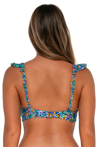 Back pose #1 of Taylor wearing Sunsets Pansy Fields Willa Wireless Top