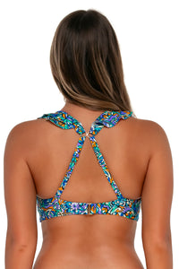 Back pose #1 of Taylor wearing Sunsets Pansy Fields Willa Wireless Top showing crossback straps