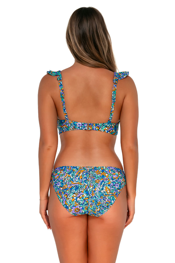 Back pose #1 of Taylor wearing Sunsets Pansy Fields Willa Wireless Top with matching Audra Hipster bikini bottom