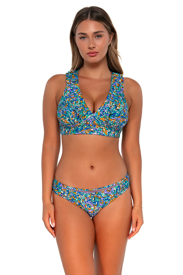 Front pose #1 of Taylor wearing Sunsets Pansy Fields Willa Wireless Top with matching Audra Hipster bikini bottom