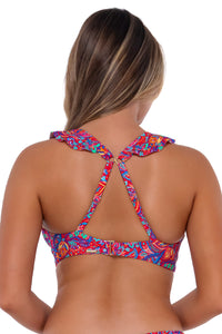Back pose #1 of Taylor wearing Sunsets Rue Paisley Willa Wireless Top showing crossback straps