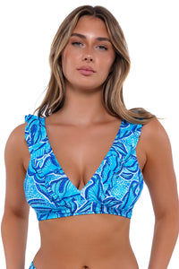 Front pose #2 of Taylor wearing Sunsets Seaside Vista Willa Wireless Top