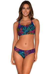 Front view of Sunsets Panama Palms Taylor Bralette Top with matching Alana Reversible Hipster bikini bottom
