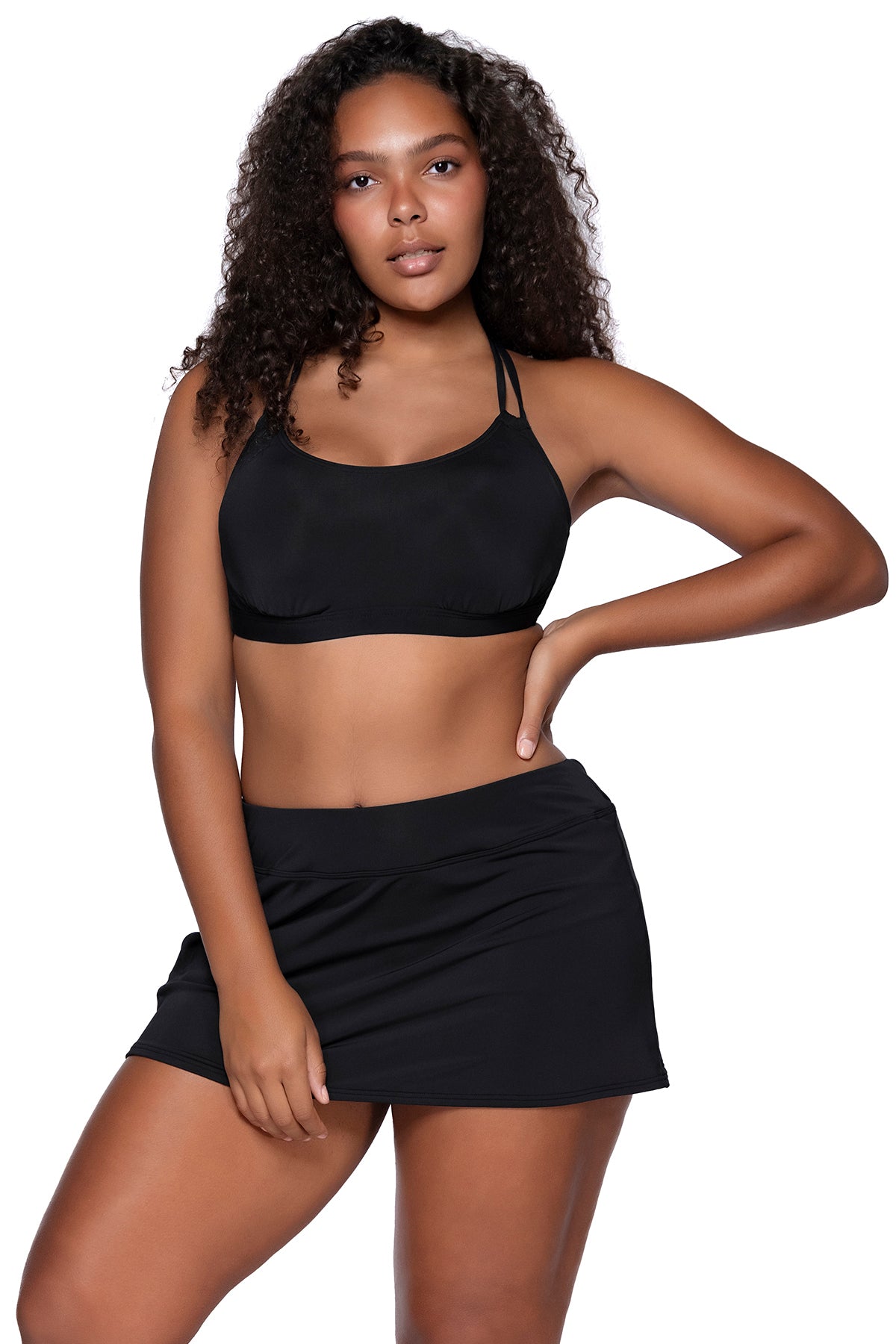 Front view of Sunsets Black Sporty Swim Skirt with matching Taylor Bralette bikini top