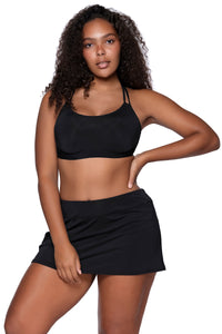 Front view of Sunsets Black Taylor Bralette Top with matching Sporty Swim Skirt