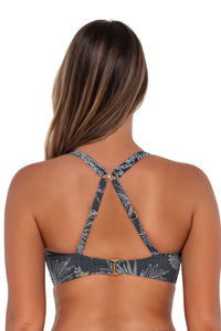 Back pose #1 of Taylor wearing Sunsets Fanfare Seagrass Texture Taylor Bralette Top showing crossback straps