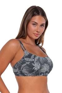 Side pose #3 of Taylor wearing Sunsets Fanfare Seagrass Texture Taylor Bralette Top