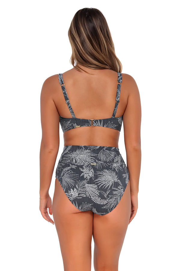 Back pose #1 of Taylor wearing Sunsets Fanfare Seagrass Texture Hannah High Waist Bottom with matching Taylor Bralette bikini top