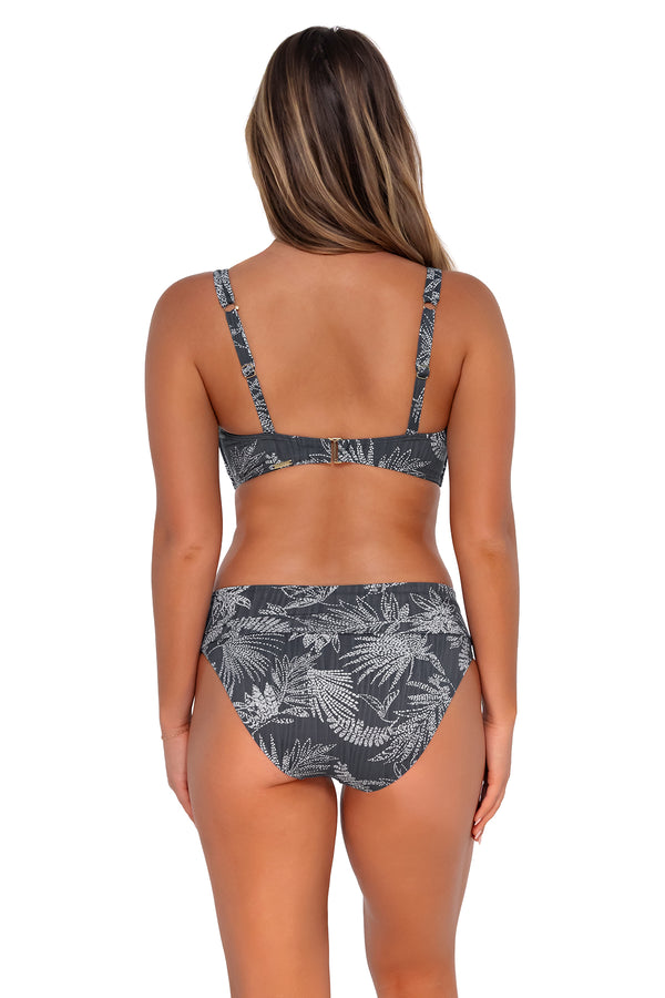 Back pose #1 of Taylor wearing Sunsets Fanfare Seagrass Texture Taylor Bralette Top with matching Hannah High Waist bikini bottom showing folded waist
