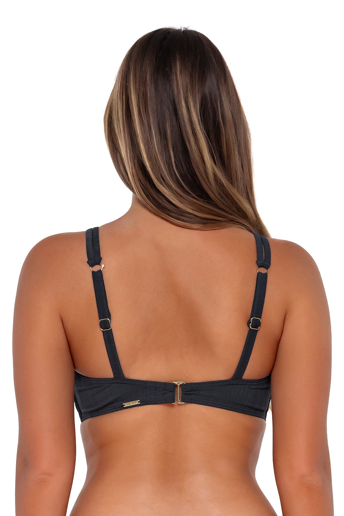 Back pose #1 of Taylor wearing Sunsets Slate Seagrass Texture Taylor Bralette Top