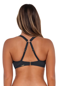 Back pose #1 of Taylor wearing Sunsets Slate Seagrass Texture Taylor Bralette Top showing crossback straps