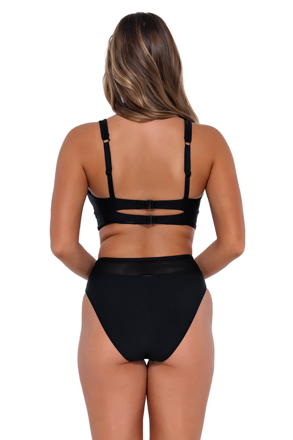 Back pose #1 of Taylor wearing Sunsets Black Annie High Waist Bottom with matching Danica underwire bikini top