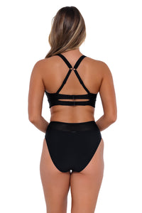 Back pose #1 of Taylor wearing Sunsets Black Danica Top showing crossback straps with matching Annie High Waist bikini bottom