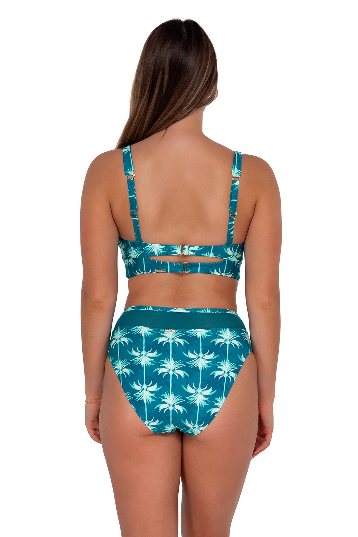 Back pose #1 of Taylor wearing Sunsets Palm Beach Annie High Waist Bottom paired with Danica Top bikini