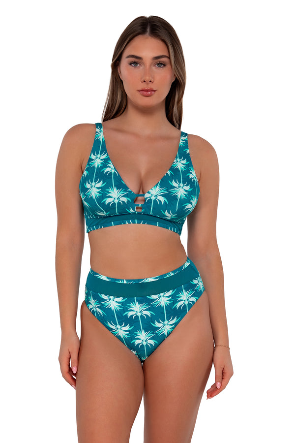 Front pose #1 of Taylor wearing Sunsets Palm Beach Danica Top paired with Annie High Waist bikini bottom