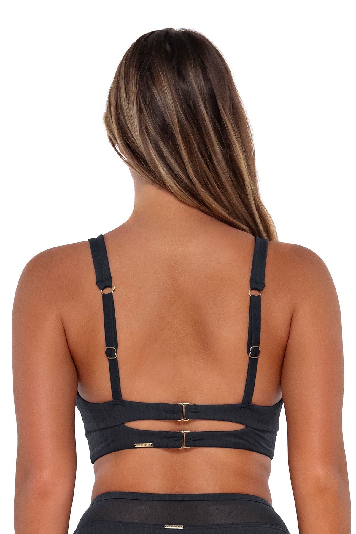 Back pose #2 of Taylor wearing Sunsets Slate Seagrass Texture Danica Top