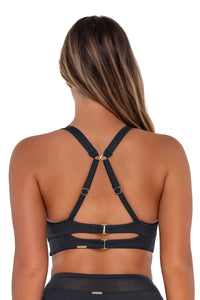 Back pose #1 of Taylor wearing Sunsets Slate Seagrass Texture Danica Top showing crossback straps