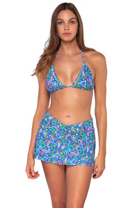 Front view of Sunsets Persian Sky Summer Lovin Swim Skirt with matching Laney Triangle bikini top