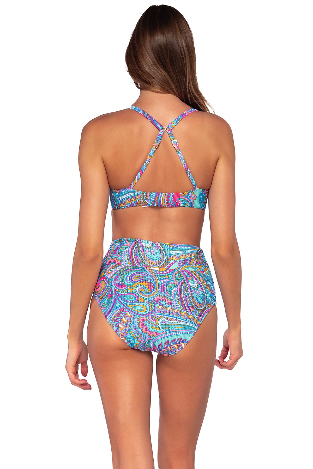 Back view of Sunsets Paisley Pop Hannah High Waist Bottom with matching Juliette Underwire bikini top showing crossback straps