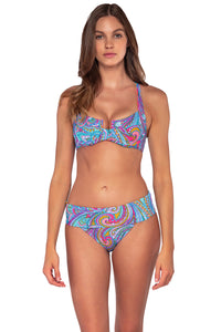 Front view of Sunsets Paisley Pop Hannah High Waist Bottom showing folded waist with matching Juliette Underwire bikini top