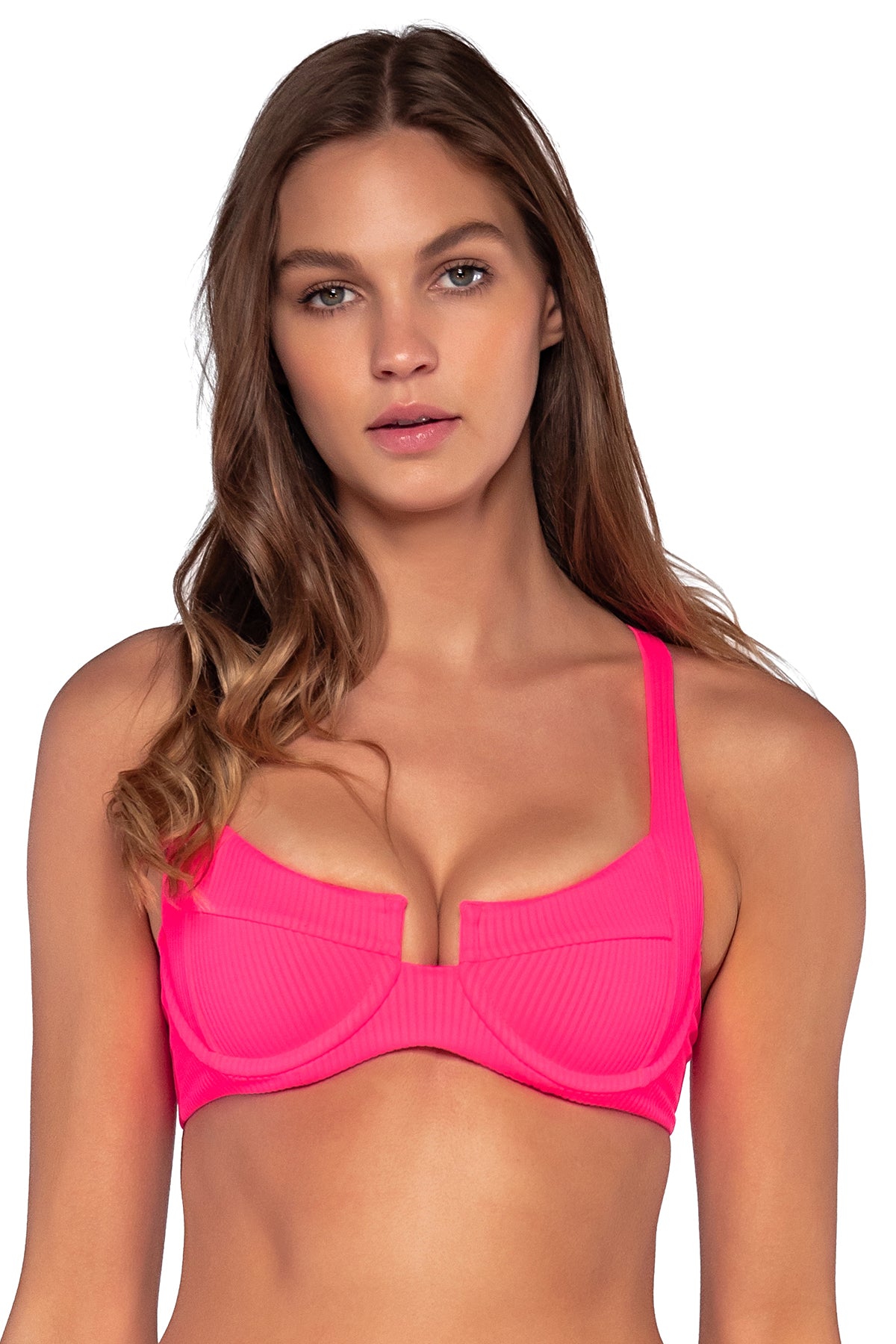 Front view of Sunsets Neon Pink Juliette Underwire Top