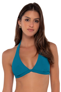 Front pose #1 of Gigi wearing Sunsets Avalon Teal Faith Halter Top