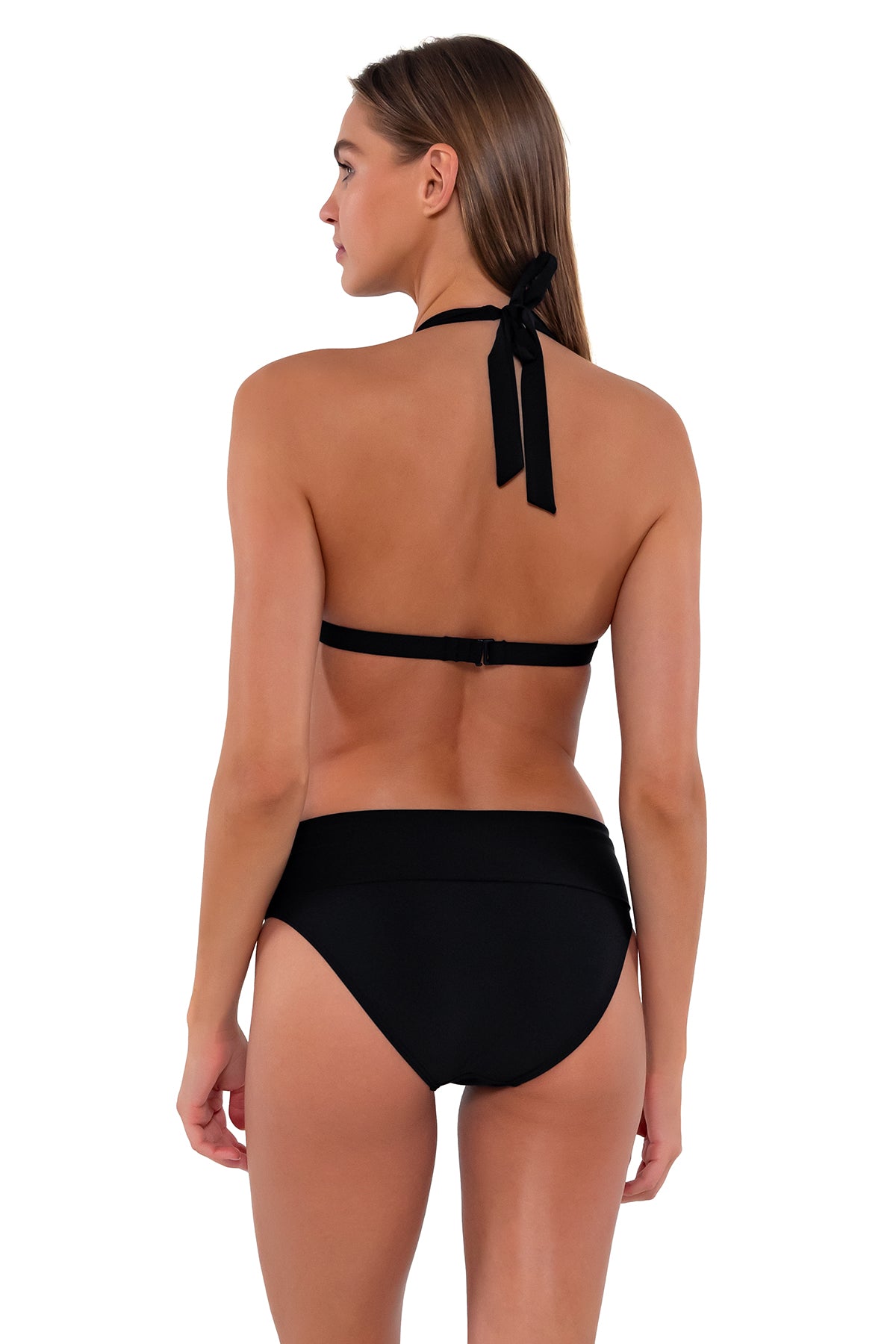 Back pose #1 of Daria wearing Sunsets Black Faith Halter Top with matching Hannah High Waist bikini bottom showing folded waist